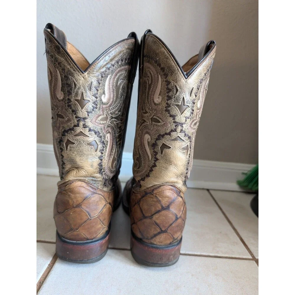 Soto Pirarucu Cowboy Boots Men's Size 9.5 Leather Brown Fish Exotic